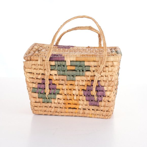 Multi-Colored Ethnic Straw & Reams Floral Pattern Picnic Basket - Picture 3 of 9